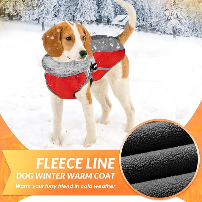 SlowTon Dog Jacket with Harness Built in - Waterproof Fleece Winter Warm Dog Coats for Small Medium Dogs, Reflective Adjustable Furry Puppy Vest Clothes for Outdoor Walking (R, L)