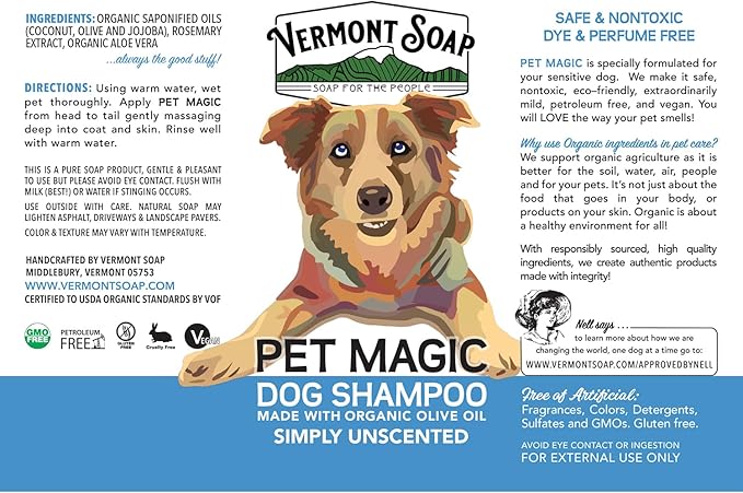 VERMONT SOAP Organics Pet Shampoo - Infused with Organic & Natural Olive Oil, Coconut & Aloe Vera Dog Shampoo for Sensitive Skin - USDA Certified Grooming - Unscented (640oz)
