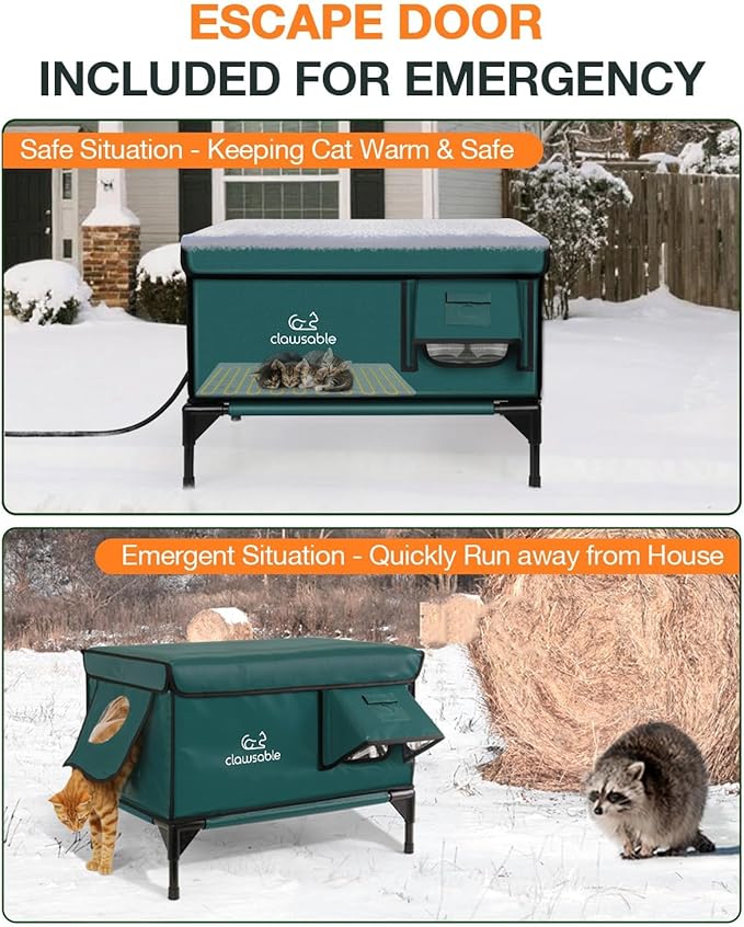 Indestructible Heated Cat House for Outside Winter, 100% Waterproof, Safe Escape Door, Insulated Outdoor Cat Shelter with Heater for Feral Barn Cat Kitty (Forest Green, 26"x16"x18")