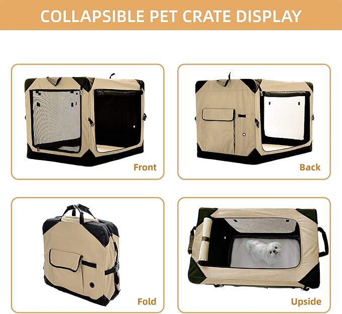 Pettycare 26 Inch Collapsible Foldable Soft Dog Kennel with Chew Proof Mesh Windows, Indoor & Outdoor Travel Dog Crate, Soft Side Dog Crate, Beige