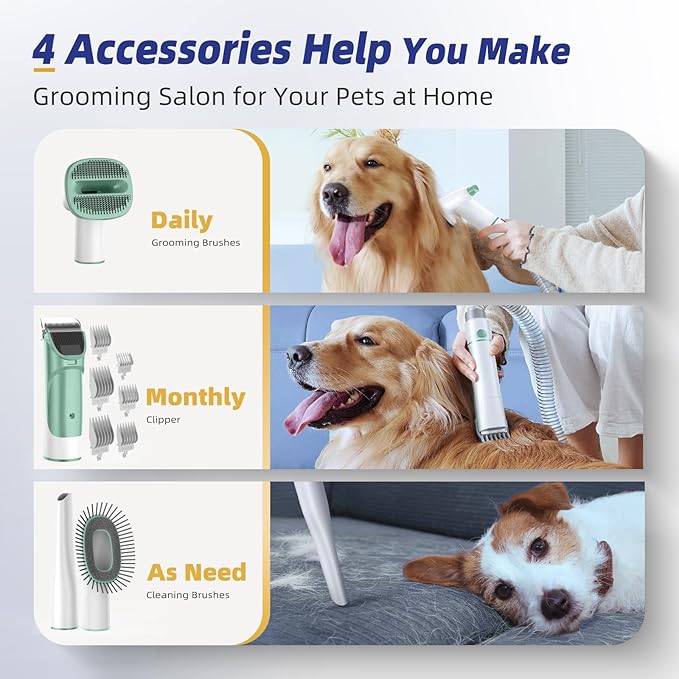 Dog Grooming Kit with Vacuum, All-in-One Pet Grooming Vacuum for Dogs and Cats, Low Noise Pet Hair Clipper & Shedding Brush, Dog Hair Remover, Cat Pet Groomer Set with Cleaning Brushes, Green