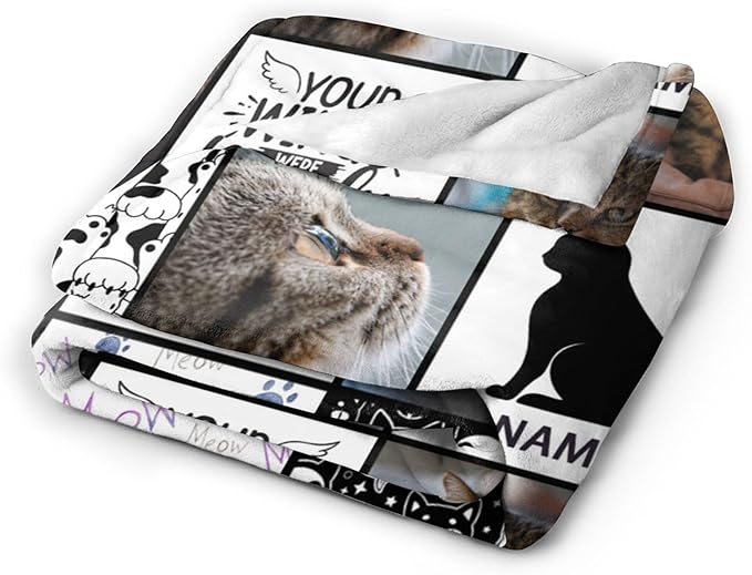 Funnylife Personalized Pet Memorial Gifts for Cats, Flannel Custom Cat Photo Memory Blankets Sympathy for Loss of Cat Bereavement Gifts 50"x60"