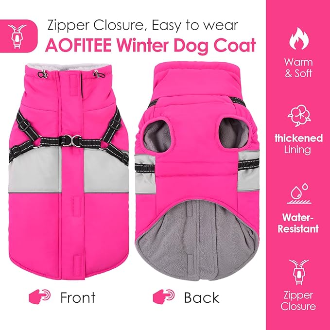 AOFITEE Dog Coat, Waterproof Dog Jacket Winter, Dogs Coat with Harness Built in, Warm Dogs Puffer Jacket with Zipper, Reflective Pet Snowsuit Sweater for Dachshund, French Bulldog, Boston Terrier, M