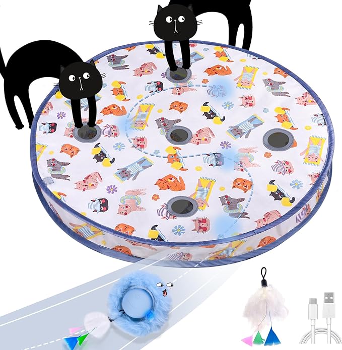 ORSDA Interactive Cat Toys Ball, Automatic Fast Rolling Ball in Pouch, Hide and Seek for Indoor Cats, Motion Chirping Activated Moving Toy, 5 Holes Mat Mouse Catching Game