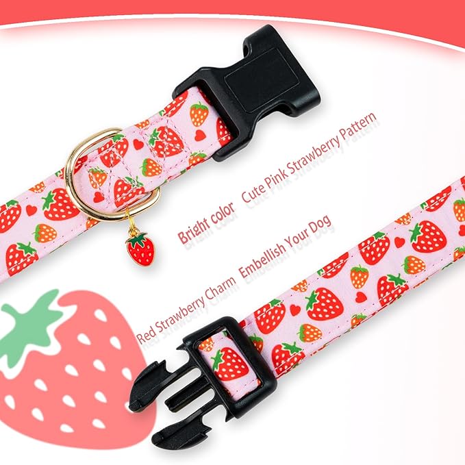 Cute Cotton Dog Collar for Small Medium Large Dogs Special Design Cute Pink Strawberry Dog Collar for Girl Female Dogs Soft Adjustable Strawberry Puppy Collars for Girl Female Dogs Pet Collar