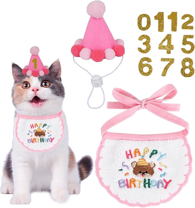 PTDECOR Cat Birthday Party Supplies, Pink Hat with Numbers Cat Bandana Pet Decorations for Kitten Birthday Outfits (Pink)