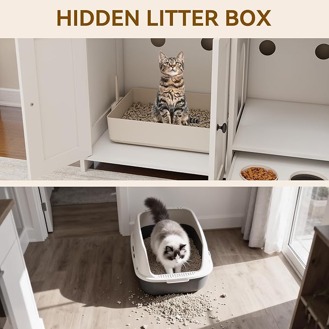 Double Litter Box Enclosure, Hidden Litter Boxes Furniture for 2 Cats, Large Litter Box Cabinet with Cat Feed Station, Cat House, TV Stand, Side Table