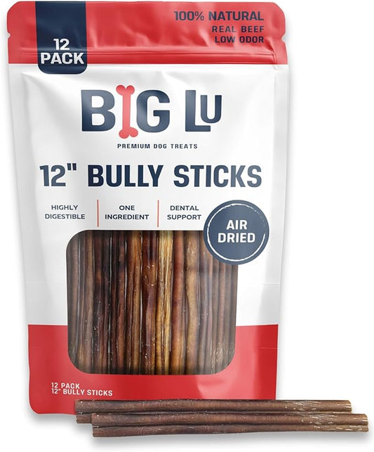 Big Lu - 12” Regular Bully Sticks, 12 Count, 100% Grass-Fed Beef Chews, Fully Digestible, Long-Lasting Treats for Aggressive Chewers, Natural Single-Ingredient Chews for Large Dogs