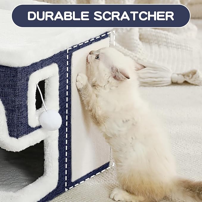 Cat Houses for Indoor Cats, Covered Cat Cave Bed with Scratch Pad and Fluffy Ball, Foldable Cat Hideaway Condo for Large Cats, Modern Kitten Bed,16.5x16.5x13 inches (Blue, Large)