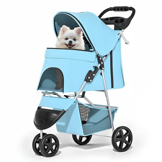 MoNiBloom 3 Wheels Pet Dog Cat Stroller for Small Medium Dogs Cats, Lightweight Foldable Jogger Stroller w/Storage Basket and Cup Holder, Mint Green