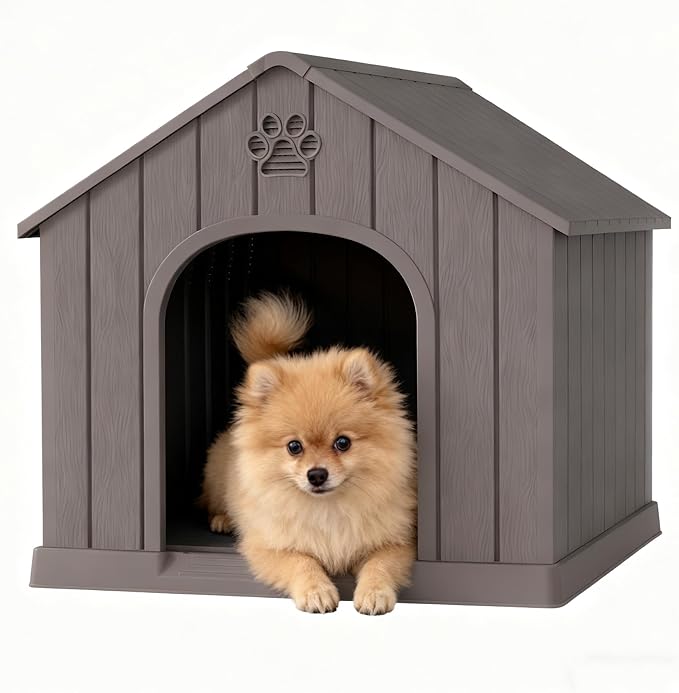 Dog House Outdoor Indoor for Medium Large Dogs, Durable Plastic Waterproof Doghouse with Air Vents and Elevated Floor, Easy Clean and Assemble (Grey, 26.18''L × 24.02''W × 25.98''H)