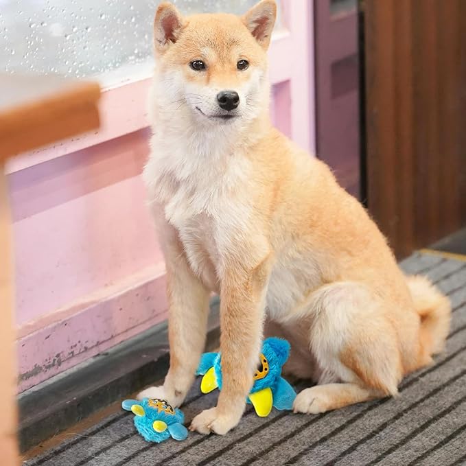 Plush Squeaky Dog Toy Ball, Chew Guard, Soft and Comfortable, Training and Companionship, Little Monster Puppy Toys Suitable for All Breeds, (Blue, Small)