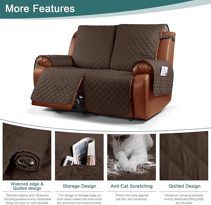 Ruaozz Waterproof Recliner Sofa Cover 1-Piece Couch Covers for Reclining Couches Reclining Sofa Cover Washable Furniture Protector with Elastic Straps Pocket for Kids, Pets (Dark Brown, 2 Seater)