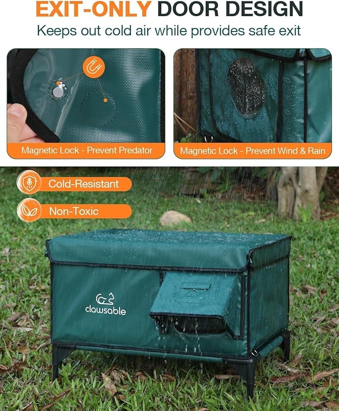Indestructible Heated Cat House for Outside Winter, 100% Waterproof, Safe Escape Door, Insulated Outdoor Cat Shelter with Heater for Feral Barn Cat Kitty (Forest Green, 29"x17"x20")