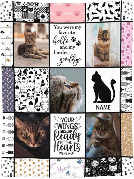 Funnylife Personalized Pet Memorial Gifts for Cats, Flannel Custom Cat Photo Memory Blankets Sympathy for Loss of Cat Bereavement Gifts 60" x 80"