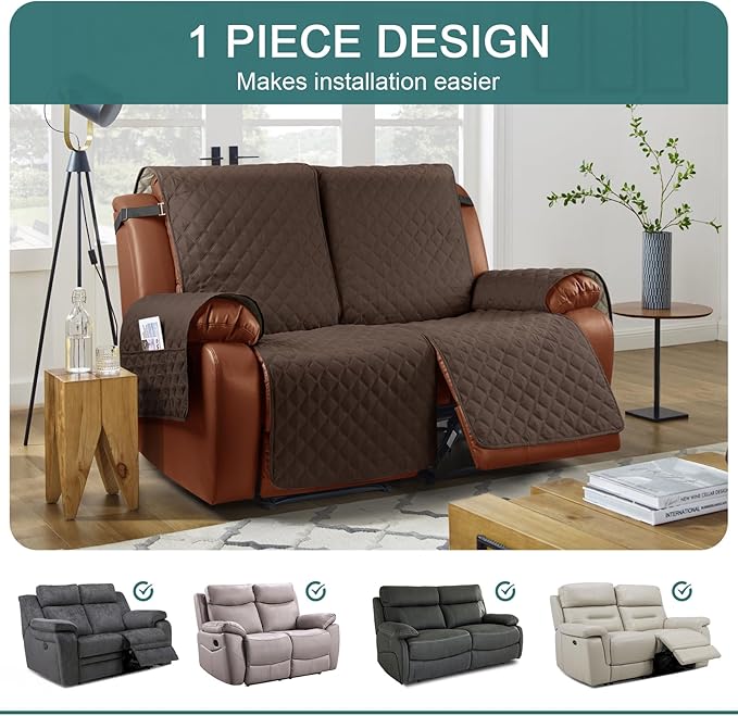 Ruaozz Waterproof Recliner Sofa Cover 1-Piece Couch Covers for Reclining Couches Reclining Sofa Cover Washable Furniture Protector with Elastic Straps Pocket for Kids, Pets (Dark Brown, 2 Seater)