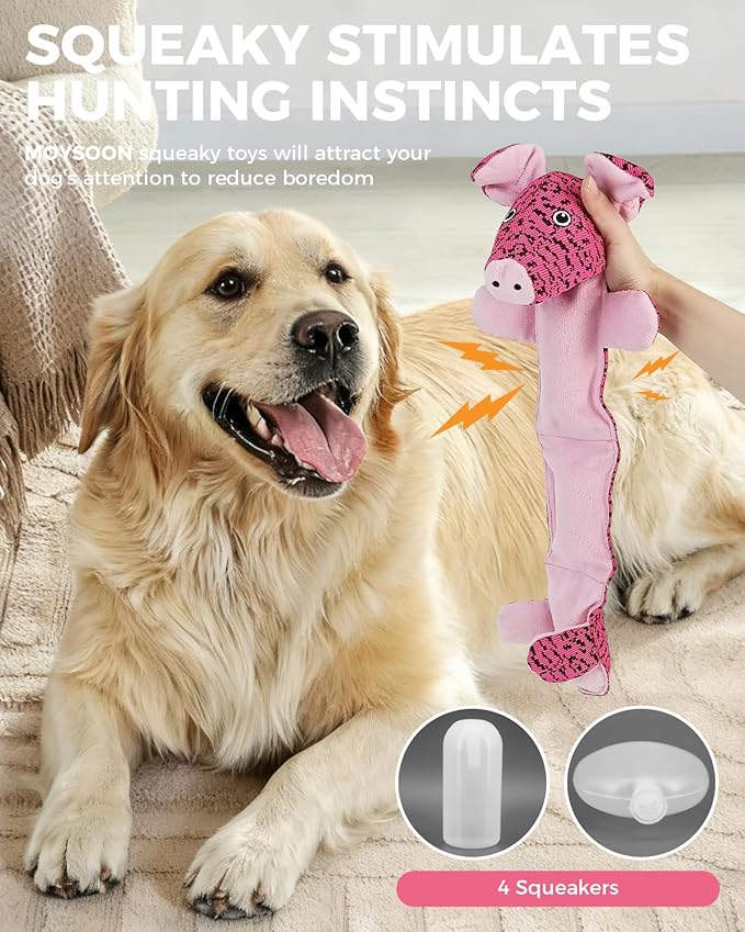 Squeaky Dog Toys for Large Dogs, Durable Plush Chew Toys for Aggressive Chewers, Interactive Tug of War Toy, Tough Teething Gift to Keep Them Busy and Relieve Boredom (Pink Pig)