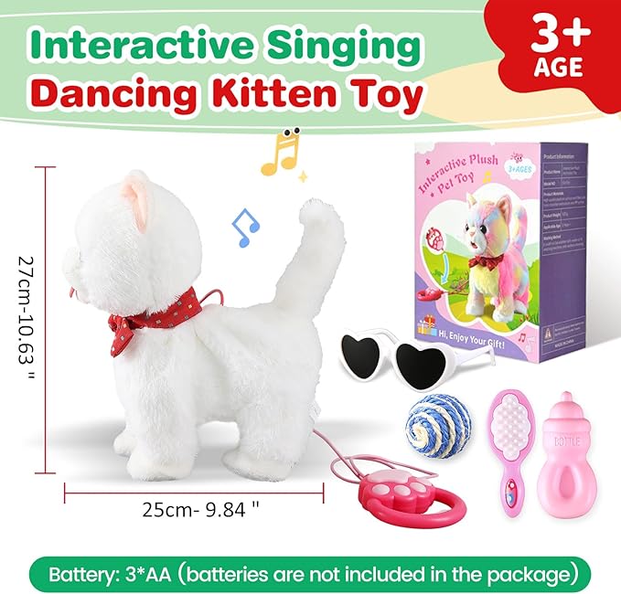White Leash Walking Cat Set Toy Interactive Talking Cat Singing Dancing Kitten Mimicking Repeat What You Say Kitty Touch and Voice Control Nodding Wagging Tail Plush Electric Robot for Kid Girl