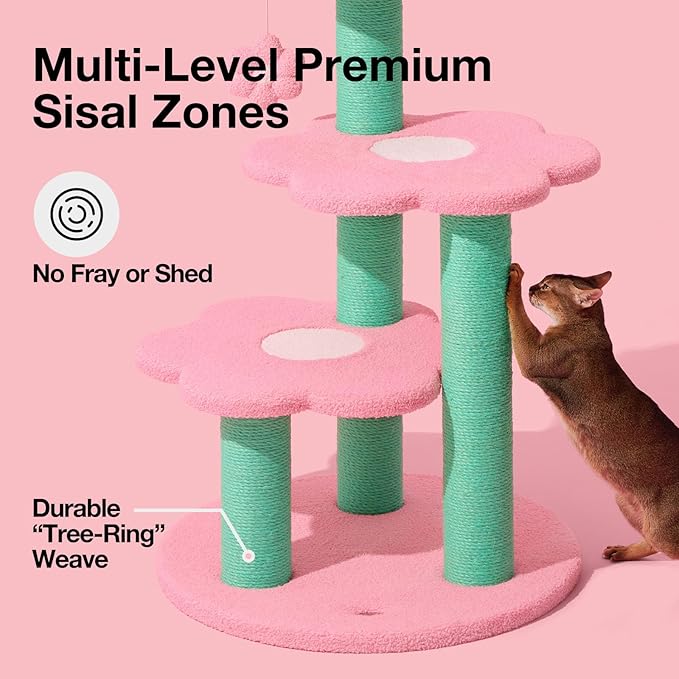 VETRESKA 39.8" Cat Tree Multi-Level Cat Tower with Platform, Sisal Scratching Posts with Hanging Blossom Toy, Indoor Cats Furniture Activity Center for Large Cats Kittens, Pink Flora