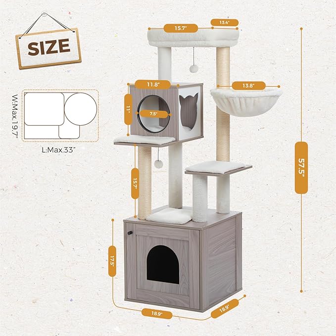 PEQULTI 57.5" Cat Tree with Litter Box Enclosure Large, Wood Cat Tower for Indoor Cats with Storage Cabinet and Cozy Cat Condo, Sisal Covered Scratching Post and Replaceable Dangling Balls, Grey