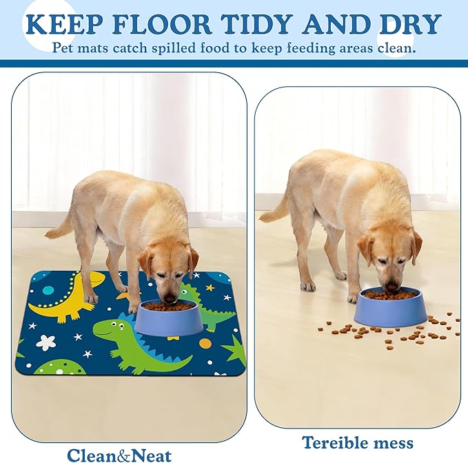 Cartoon Dino Pet Feeding Mat–Quick Dry Absorbent Dog Cat Food Mat, Non Slip Waterproof Bowl Placemat for Messy Eaters, Pet Accessories for Floors 12"x20"