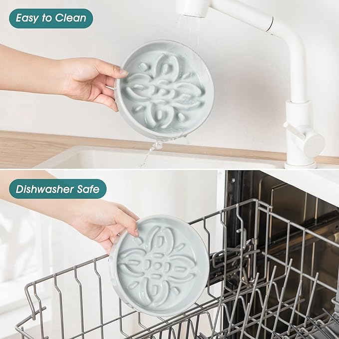 vancasso Ceramic Slow Feeder Dog Bowls, Puzzle Dog Food Bowls with Floral Maze, Anti -Slip Pet Food Dish for Small Breed, 0.6 Cups, Grayish Cyan