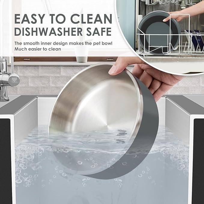 IKITCHEN Dog Bowl for Food and Water, 64 Oz Stainless Steel Pet Feeding Bowl, Durable Non-Skid Insulated Heavy Duty with Rubber Bottom for Medium Large Sized Dogs (64 Ounces/8 Cup, Grey)