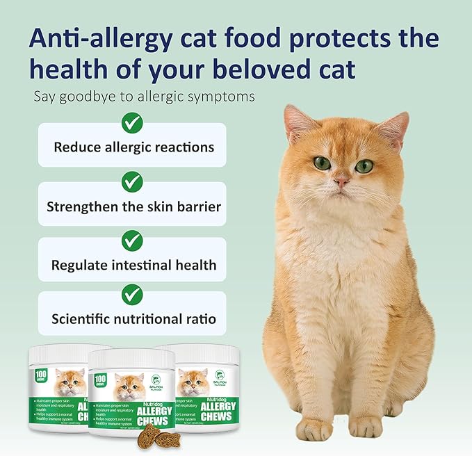 Cat Allergy Relief Chews, Skin & Immune Support for Cats - Salmon Flavor Soft Chews with Colostrum, Probiotics 300M CFU, Omega 3 - Itchy Skin & Paw Licking Remedy, 100 Count