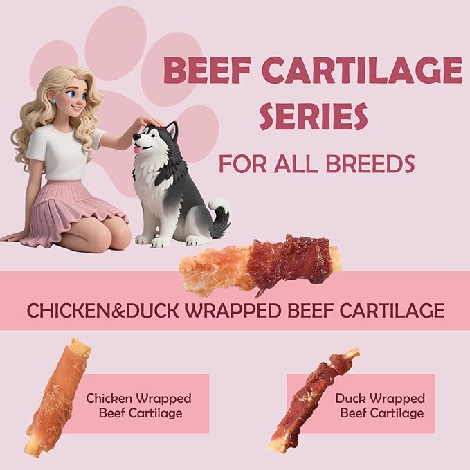 ASMPET Dog Treats Bones, Chicken & Duck Wrapped Beef Cartilage, Rawhide Free & Grain Free Dog Snacks