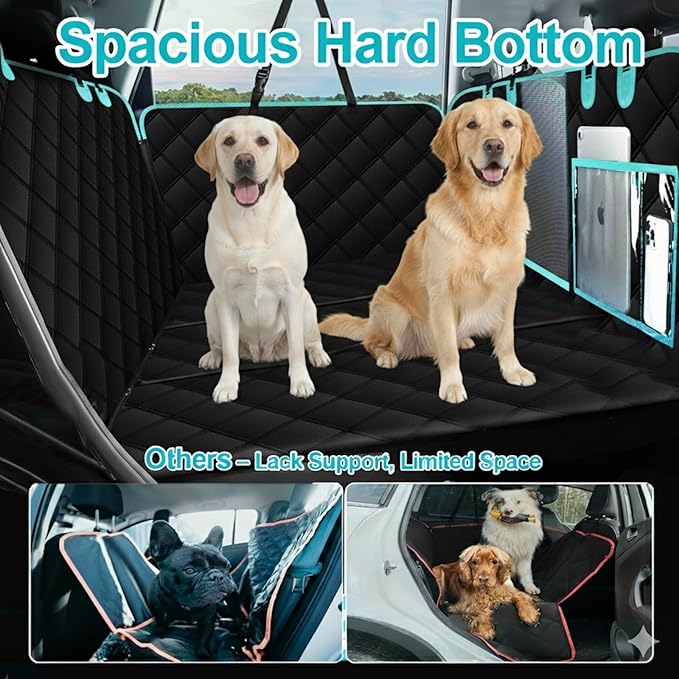 Black-Aqua Dog Car Seat Cover, Backseat Extender Hard Bottom, 100% Waterproof, Exclusive Zipper Design for Child Seat & Dog Seat Belt, Fits Small to Large Dogs or Multiple Pets