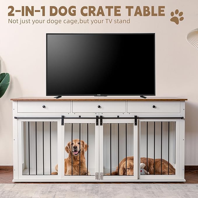 Sunseen Dog Crate Furniture for 2 Dogs,Wooden Double Dog Crate with Divider & 3 Drawer,Heavy Duty Large Breed Dog Kennel Furniture TV Stand End Table for Small Medium Large Dog (White)