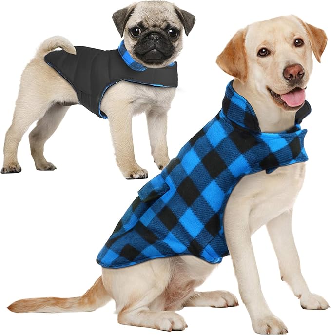 AOFITEE Dog Coat Plaid Dog Winter Coat for Small Dogs, Warm Dogs Jacket Christmas Sweater, Waterproof Pet Puffer Jacket, Reversible Pet Cold Weather Coats for Small Medium Large Pets, Blue L