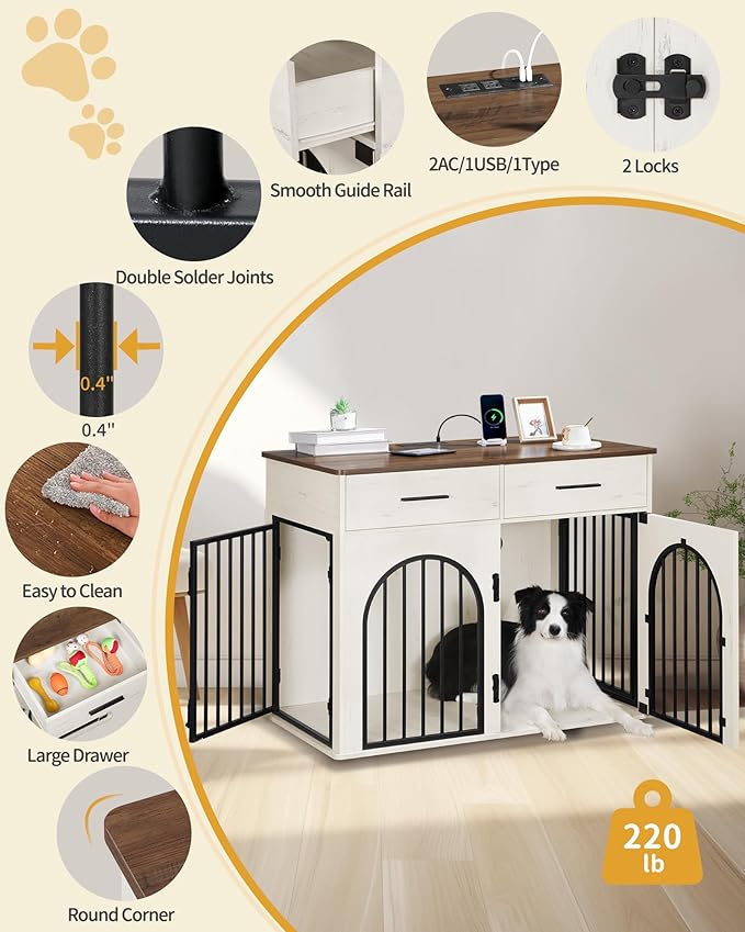 39.4'' Large Dog Crate Furniture with 2 Storage Drawers, Heavy Duty Dog Kennel Indoor with Charging Station, Wooden Dog Cage End Table Kennel for Medium/Large Dogs, White Brown DFC84214B