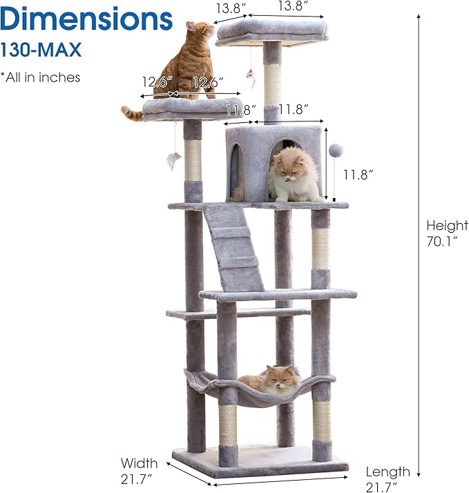 MWPO 70.1-Inch Large Cat Tree, Multi-Level Tall Cat Tower for Indoor Cats, Plush Cat Condo with Big Padded Perches, Sisal-Covered Scratching Posts, Hammock, Toys for Kittens & Cats - Light Grey