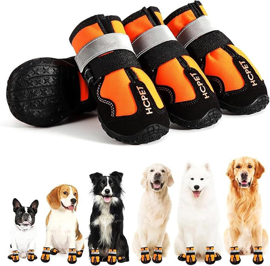 Hcpet Dog Shoes, Dog Boots for Large Dogs, Waterproof Dog Booties Paw Protector for Summer Hot Pavement, Winter Snowy Day, Outdoor Walking, Indoor Hardfloors Anti Slip Sole Orange Size 7