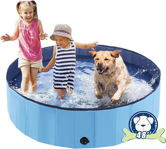 Foldable Dog Pool, Portable Pet Bath Tub and Kiddie Swimming Pool, Collapsible Bathtub for Puppies, Small, Medium and Large Dogs, Cats and Kids, 48 x 12 in, Blue