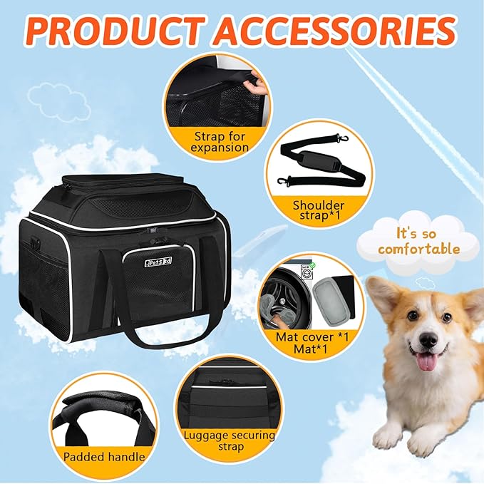 Petskd Top and Side Expandable Pet Carrier 18x13x9.5 Inches Southwest Airline Approved, Soft-Sided Carrier for Small Cats and Dogs with Locking Safety Zippers and Anti-Scratch Mesh(Black)