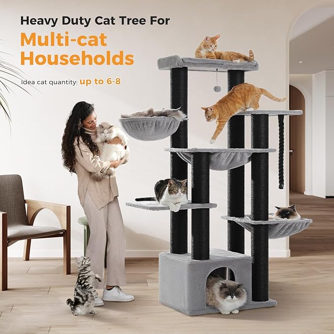 Large Cat Tree with 13 Thick Study Scratching Posts (φ4.3in)-67in Heavy Duty Cat Tower for Indoor Adult Cats with XXL Cat Condo, Super Big Perch & 3 Hammocks for Maine Coon 20 lbs -Gray