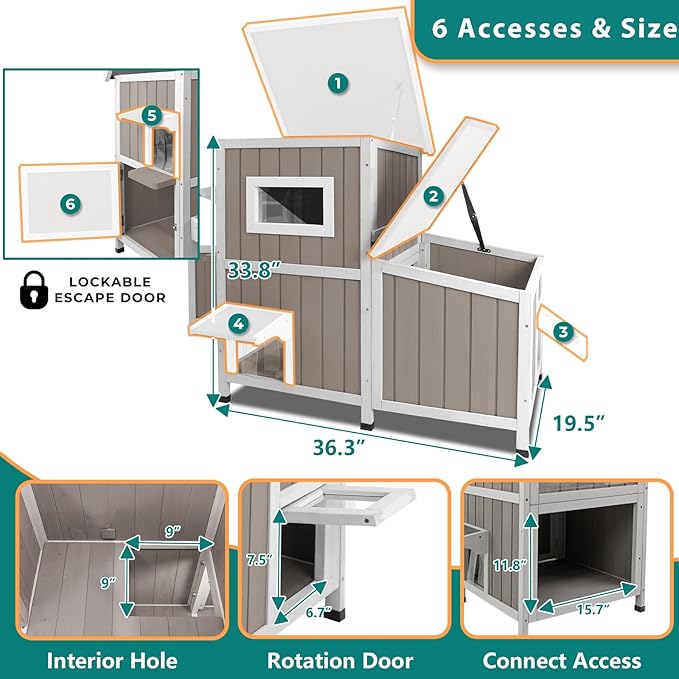 PetsCosset Cat Houses for Outdoor Cats Outside Feral Cat Shelter Weatherproof Wooden Cat Houses for 2-3 Cats with 3 Rooms 3 Escape Doors 2 Openable Asphalt Roofs