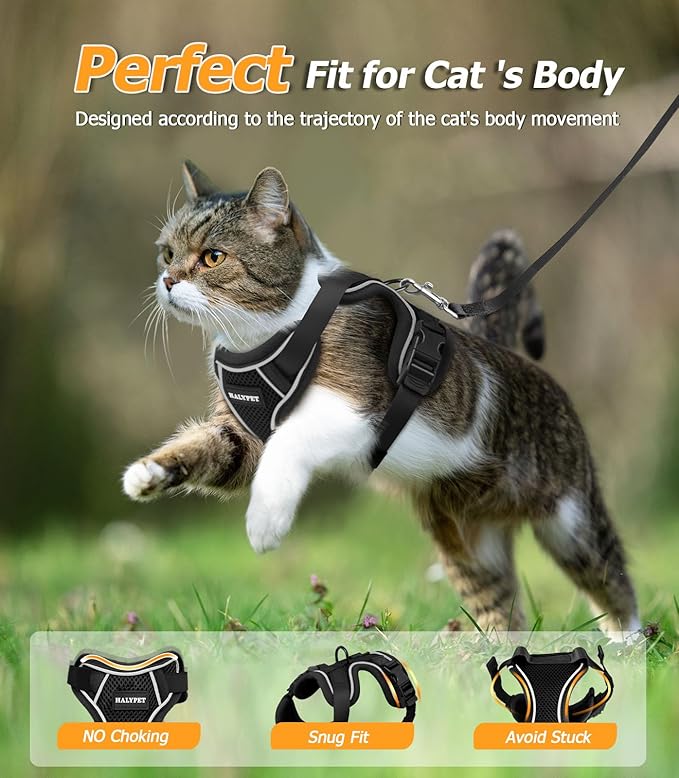 Halypet Cat Harness and Leash Set - MAX Safety 4th-Gen Upgrade, Escape Proof, Adjustable, Comfortable Soft Vest, Easy to Wear Kitten Harness with Reflective Strip for Cats Walking - Small Black