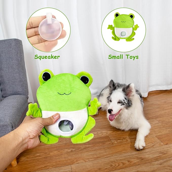Hollypet Squeaky Dog Toy, Interactive Plush Hide and Seek Dog Toys for Small Medium Sized Dogs and Non-Aggressive Chewers, Puppy Teeth Clean Chew Toys, Frog