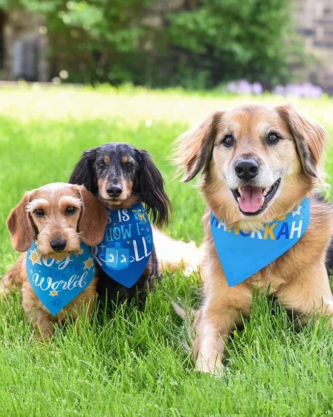 Hanukkah Dog Bandanas 4 Pack Chanukah Menorah Pet Scarf Set Reversible Triangle Bibs Kerchief Gift for Dog Pet Holiday Costume Accessories