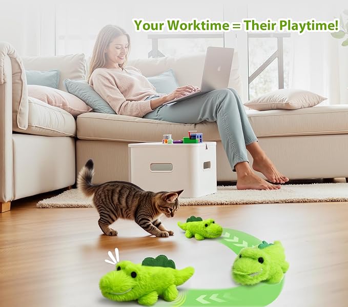 Interactive Cat Toys for Indoor Cats - Self-Charging Croc Chase Toy with 360° Motion, Wagging Tail & Catnip, Automatic Exercise Toy for Bored Kittens/Adults(Long Plush)