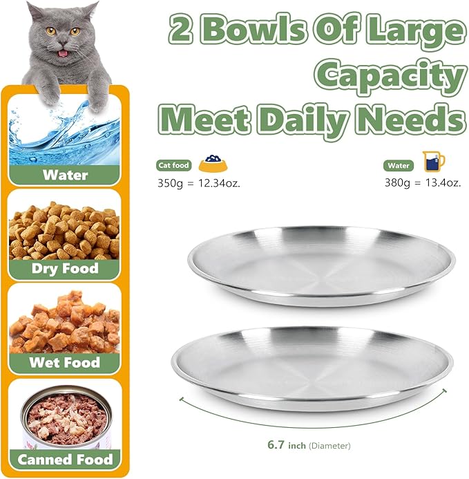 2-Pack Stainless Steel Cat Food Bowls – Shallow Whisker-Friendly Non-Slip Silicone Base,Easy to Clean Indoor Feeding Dishes(6.7")