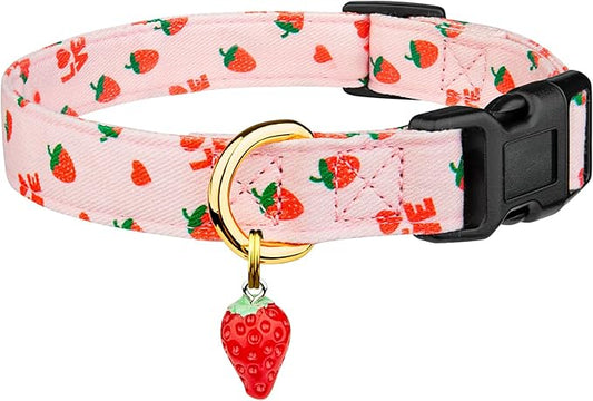 Cotton Handmade Dog Collar Cute and Distinctive Patterns Pink Strawberries with Pendant for Girl Boy Dogs Collars L