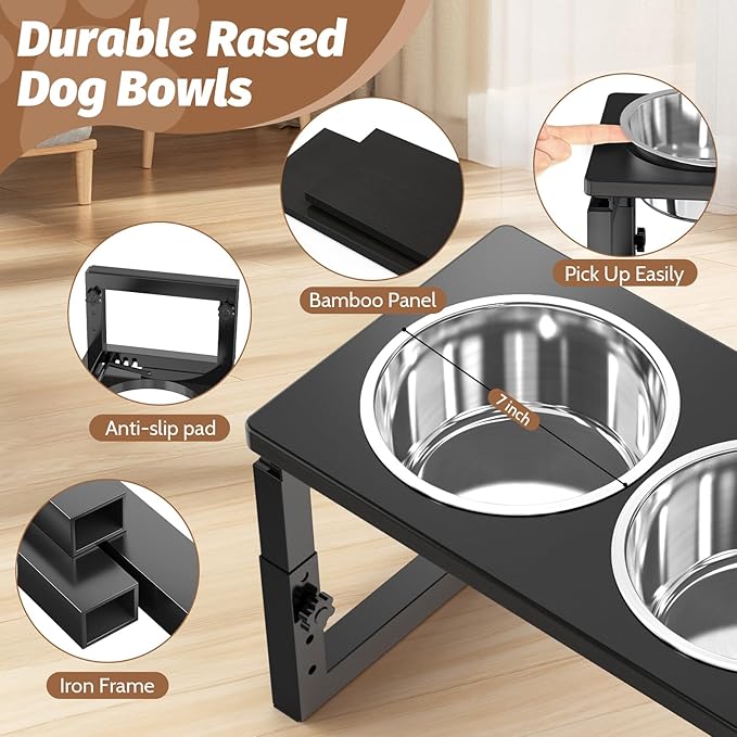 Elevated Dog Bowls Black, 4 Height & Angle Adjustable Raised Dog Bowl Stand, Elevated Dogs Bowl Station for Medium Sized, Sturdy Bamboo Dogs Feeding Station with 2 Stainless Steel Dishes (48oz/6cup)
