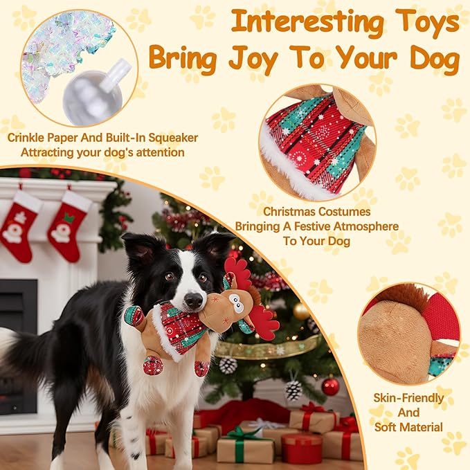 Rypet Christmas Reindeer Dog Toys Durable Plush Dog Toys with Crinkle Paper Interactive Dog Stuffed Squeaky Christmas Theme Toys for Puppy Small to Large Dogs Cleaning Teeth and Relieving Anxiety