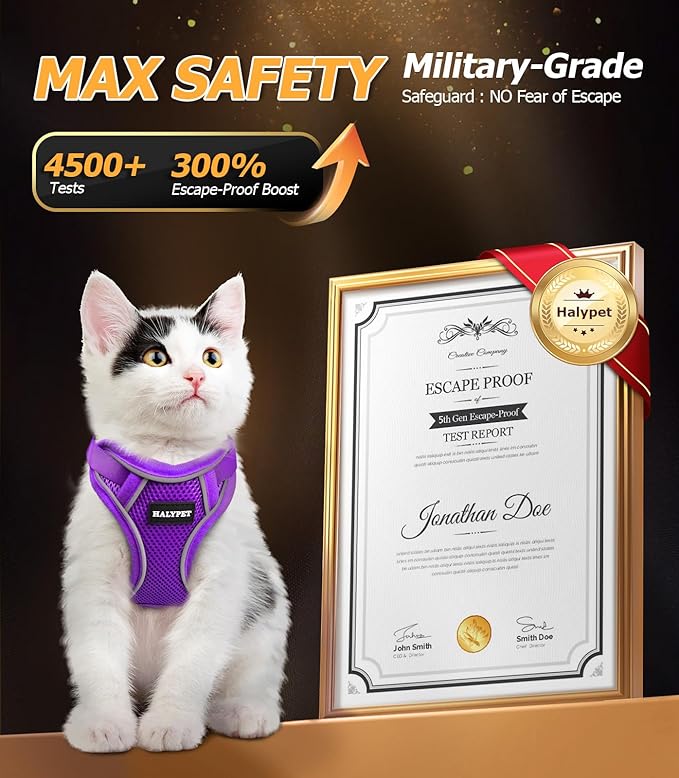 Halypet Cat Harness and Leash Set [MAX Safety 4th-Gen Upgrade] Escape Proof Adjustable Cat Leash Comfortable Soft Vest Easy to Wear Kitten Harness with Reflective Strip for Cats Walking, S Purple