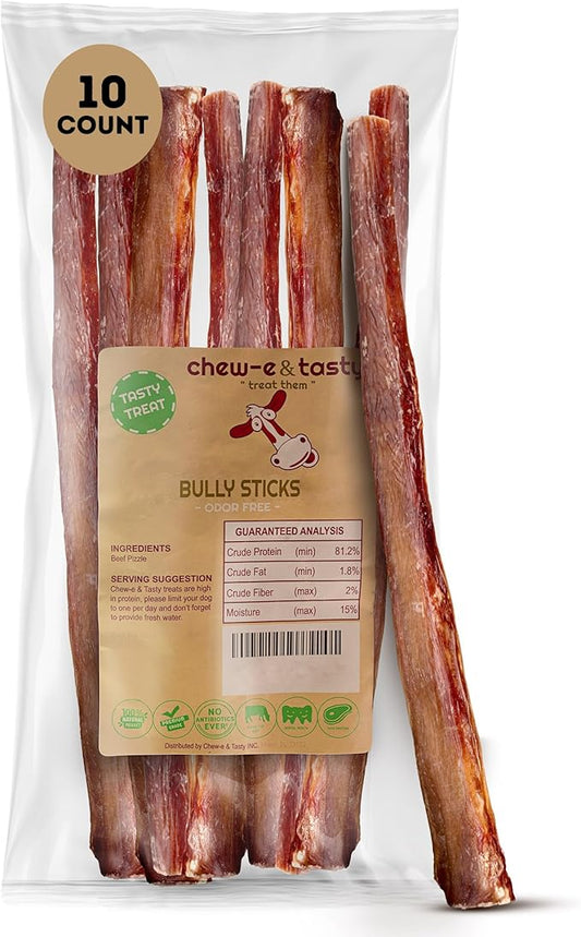 chew-e&tasty 12" Thick Bully Sticks for Dogs (Pack of 10) - Thick Chews for Dogs, Fully Digestible Beef Treats, Supports Dental Health, Long Lasting Beef Chews