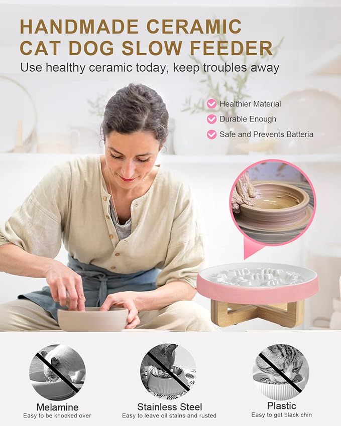 Raised Cat and Dog Slow Feeder Bowl With Stand, Ceramic Elevated Bowls for Healthy Eating Diet, Pet Puzzle Feeder, 3'' High, 8.5'' Wide